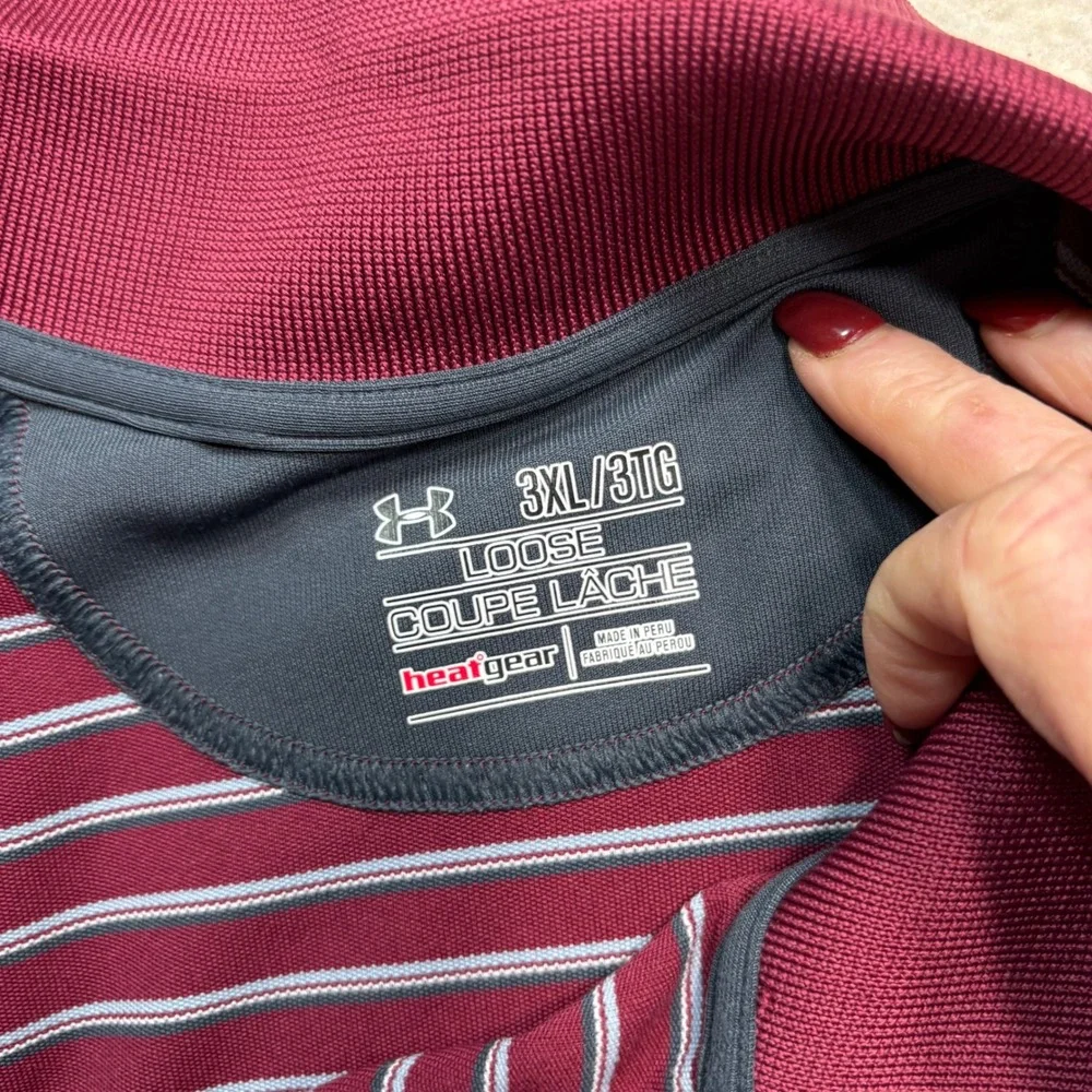 Under Armour HeatGear Mens 3XL Striped Polo SBurgundy‎ Grey Short Sleeve  #947